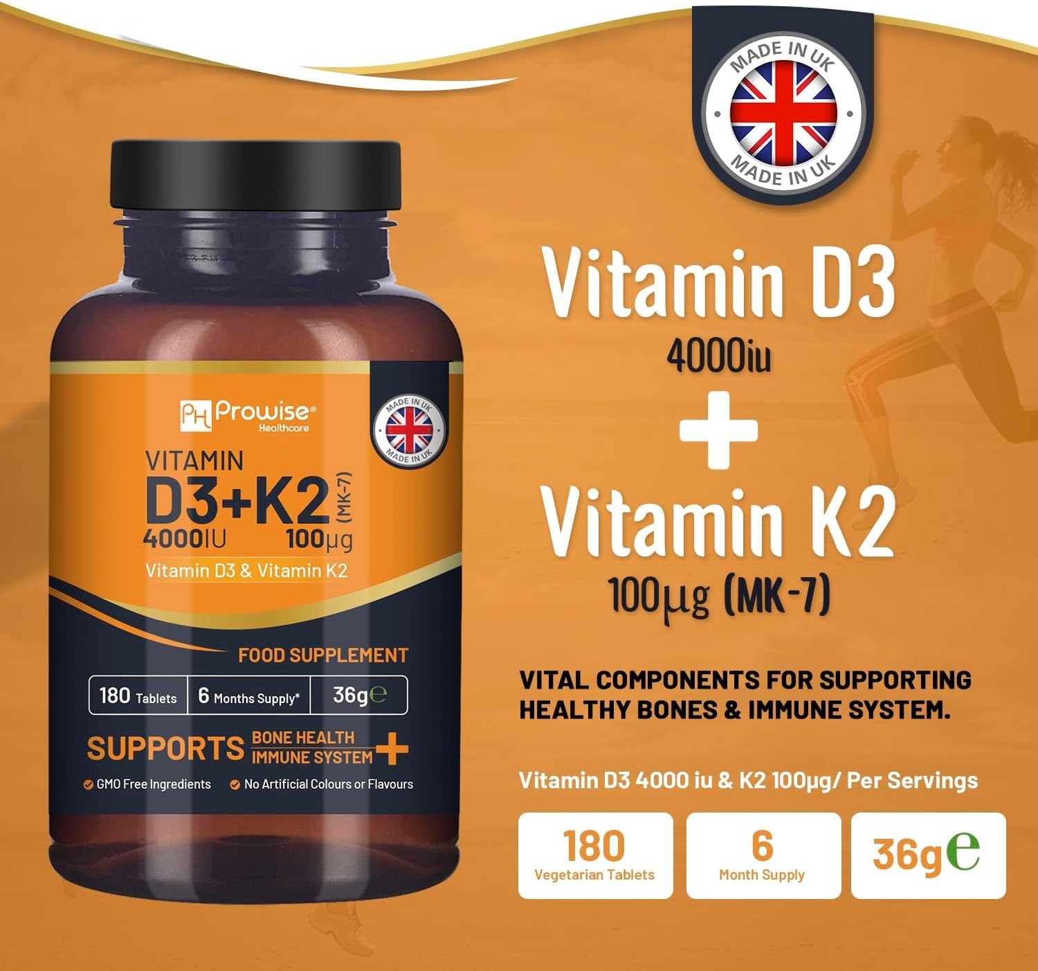 Vitamin D3 4000IU & K2 MK7 100ฮg Vegetarian Tablets I 180 (6 Months Supply) I Easy to Swallow Supplement for Immune Support, Calcium Boost, Bone & Muscle I Made in the UK by Prowise Healthcare